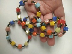 Vintage 1960″s Square Art Glass Beads Bohemian Necklace Multi Color Strand