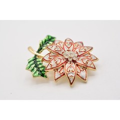 Vintage Christmas Flower Pin Brooch Glitter Enamel Red Silver Gold NOS BinA3