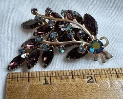 Vintage Amethyst Rhinestone Spray Brooch AB Crystal Gold Tone Mid Century