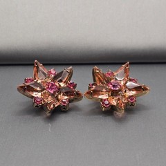 Vintage Pink Rhinestone Starburst Clip On Earrings Peach Mid Century Modern