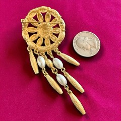 Faux Pearl Waterfall Brooch Gold Tone Dangle Statement Pin Vintage Tona