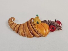 Tona Thanksgiving Autumn Fall Gold Tone Enamel Cornucopia Pumpkin Brooch Signed