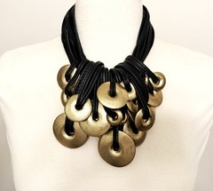 Gerda Lynggaard Monies Black Leather Fringe & Gold Wood Rings Necklace
