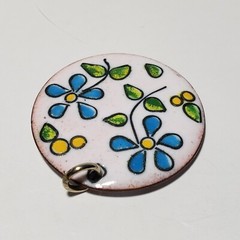 Vintage Enamel On Copper Pendant Floral Colorful 1.25″ Double Sided