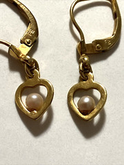 Vintage Gold Precious Metal W Germany Open Heart Pearl Dingle Earrings Signed FB