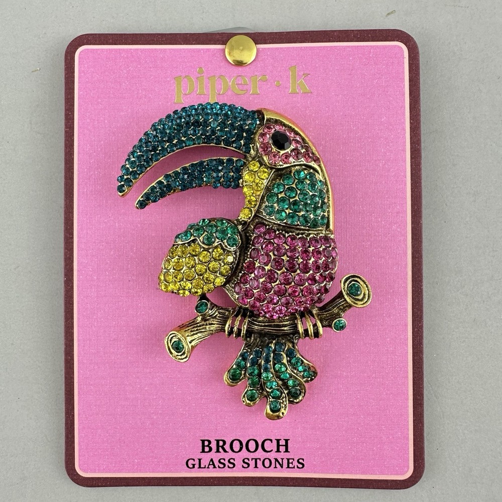 VTG Piper.k Toucan Bird Brooch Glass Stones Pink Yellow Blue Green On A Limb 3″