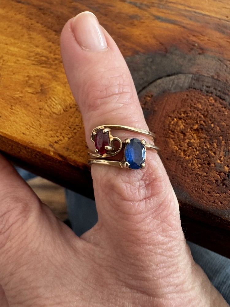 VTG 10K Yellow Gold Two Rings Toi et Moi Ruby Sapphire Ring Set sz 4.25 2.39 Gr