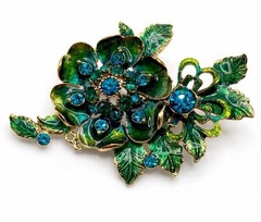 Vintage Signed Monet Peacock Green Enamel Floral Brooch Teal Rhinestones