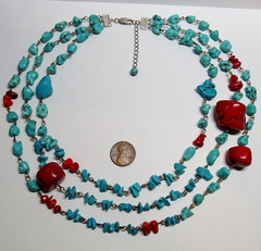 Blue Turquoise Red Coral Nugget 3 Strand Adjustable Length Western Necklace