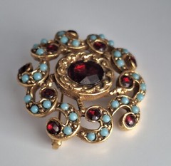 Vintage Goldette Brooch Pin Gold Alloy Turquoise & Garnet Faux Gemstones 1960s