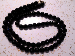 Antique Black Faceted Glass Beads Strung on Fine Gold Chain Necklace 24″