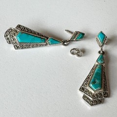 Vintage 925 Sterling Silver Marcasite Mixed Blue Turquoise Earrings Drop 4.5 cm