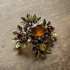Vintage Austrian Rhinestone Brooch Autumn Orange Yellow Gold Tone Floral Pin