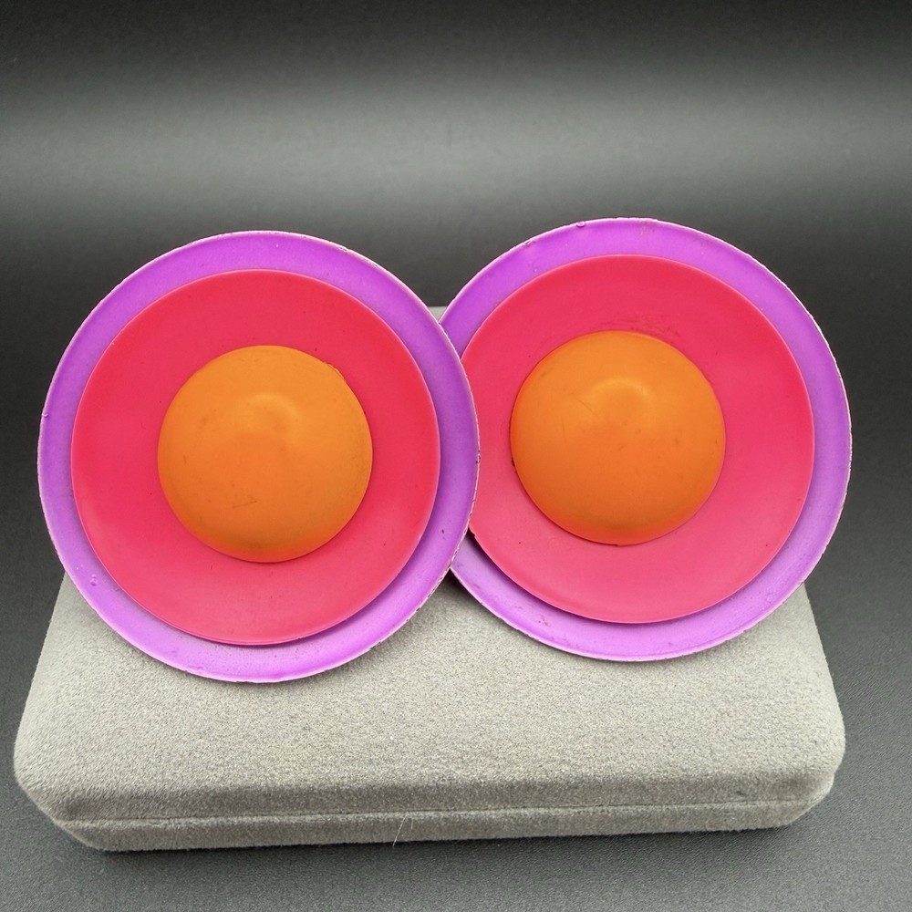 Vintage 80s Neon Color Block Disc Clip On Earrings Purple Pink Orange Statement