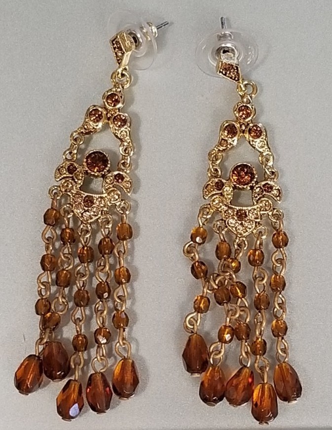 RJ Graziano Chandelier Earrings Amber FAC Glass Crystal Stones Gold Tone Jewelry