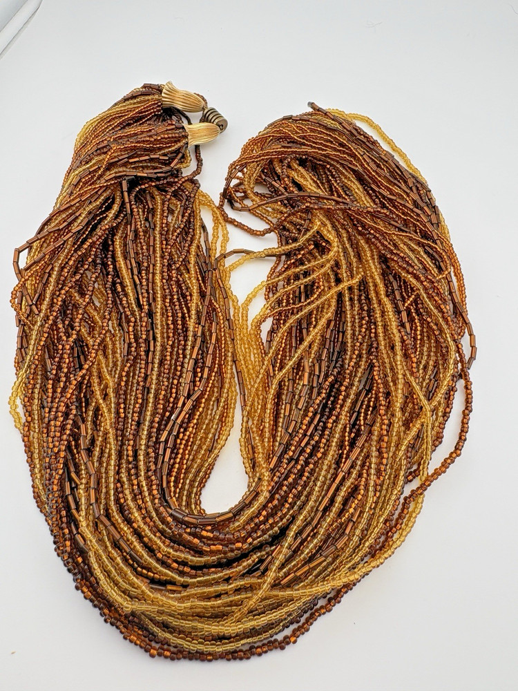 VTG 40 Strand Gold Glass Seed Beads 38″ Long Opera Length Necklace Barrel Clasp