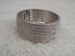 Signed N ~ Silvertone Rhinestone Hinged Wide Bangle Bracelet (D41)