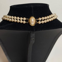 Vintage Double Strand Faux Pearl Choker Necklace Teardrop Clasp 15.5″ Gold Tone