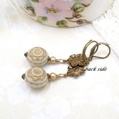 Gold Flower Dangle Earrings: Vintage Style Acrylic Pearl Bead Handmade Jewelry