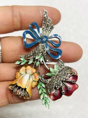 Vtg 925 Sterling Silver Marcasite Blue Red Green Enamel Flower Brooch Pin