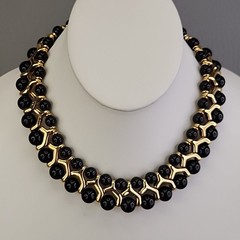 Vintage Beaded Necklace Black Gold Tone Collar Choker SHORT 14.5″