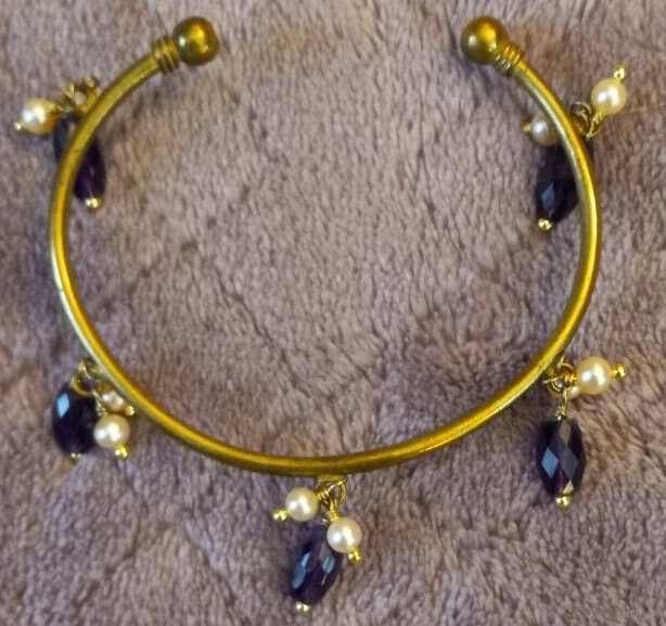 Open Brass Bracelet With Faux Pearls And Purple Rhinestone Beads