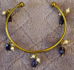 Open Brass Bracelet With Faux Pearls And Purple Rhinestone Beads