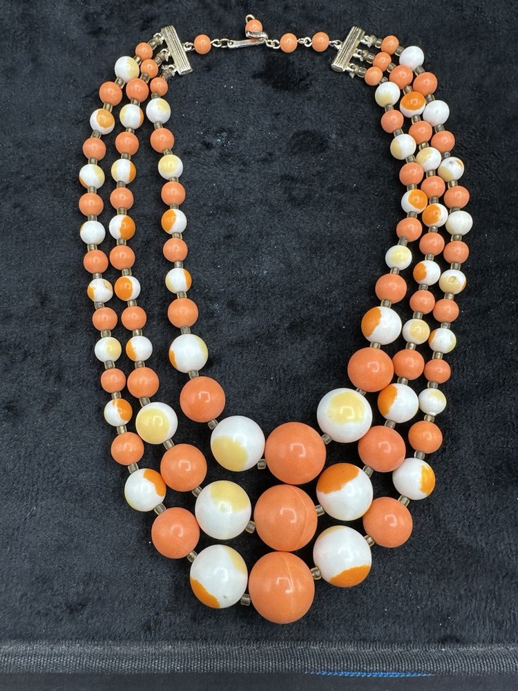 Vintage Multi Strand Orange White Swirl Beaded Necklace Made In Japan Glows