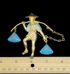 Vtg Asian Man Carrying Pole Water Waterboy Molded Blue Glass Stone Brooch Pin