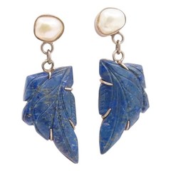 925 Sterling Silver Vintage Earrings JAIN ALOK Pearl Carved Lapis Lazuli EG14172
