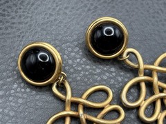 Vintage Huge 80s Runway Dangle Gold Tone Black Filigree Loop Drop Clip Earrings