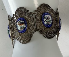 Vintage Chinese Silver Intricate Filigree Enamel Animals Plaques Story Bracelet