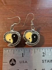 Vintage Silver Tone Metal Yin Yang Yellow/Black Earrings