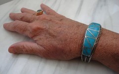 Heavy Inlay Channel Set TURQUOISE ZUNI Stamped STERLING Silver Overlay BRACELET