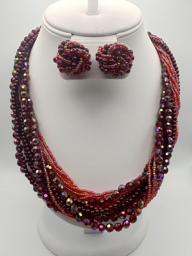VTG Torsade Jewlery Set, Rich Cranberry Beads in a Messy Multi Strand Twister