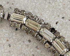 Vtg Rhinestone Choker Necklace Silver Tone Emerald Cut Baguette Collar Crystal