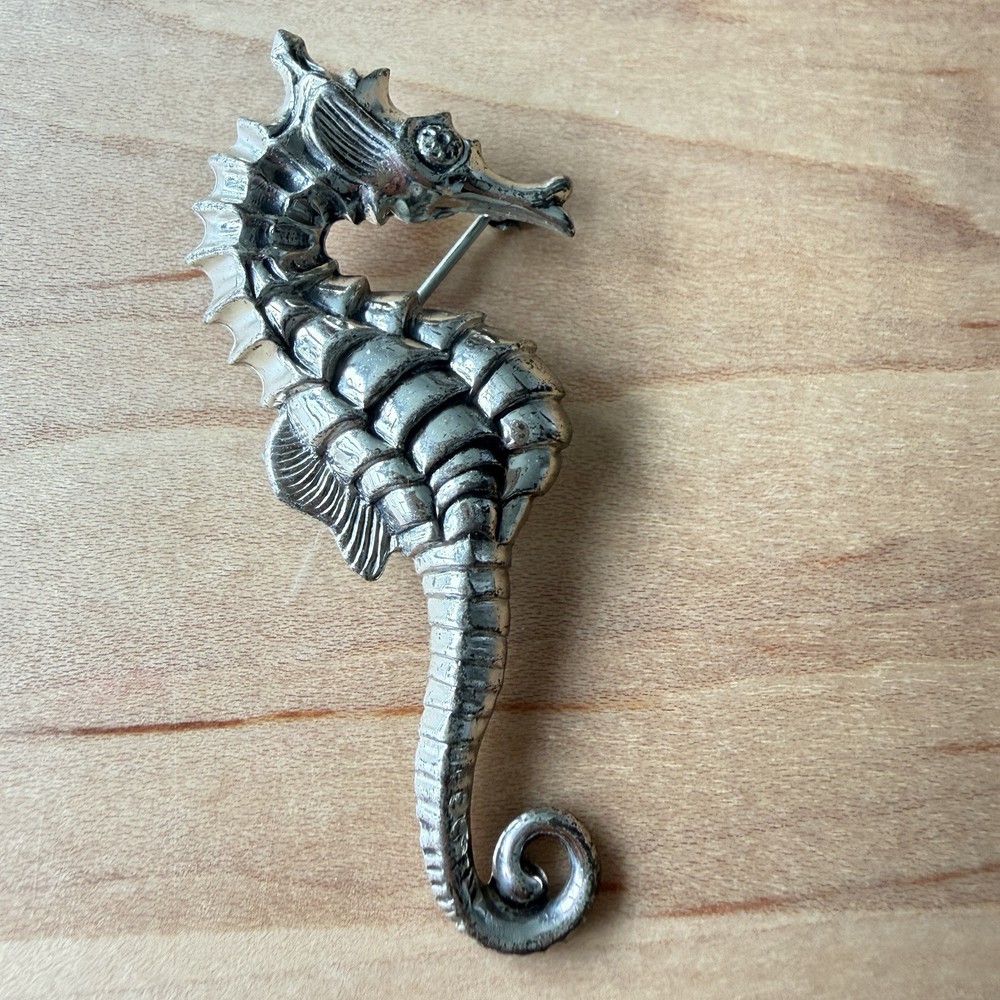 Beau Sterling Silver Seahorse Brooch Pin Nautical Mid Century 2.5 Inches