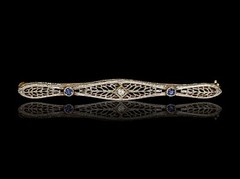 Art Deco 14K Gold & Platinum Top Natural Diamond and Sapphire Tie Bar Pin Brooch