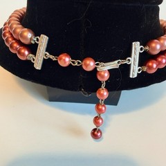Vintage Hong Kong Pink Rose Double Strand Faux Pearl Adjustable Necklace Choker