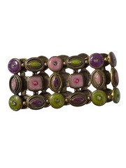 Vintage Stretch Bracelet Purple Pink Green Enamel Rhinestone Panel Cuff Boho