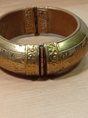 Vintage hinged brass bangle bracelet with etchings/ pin closure Morocco Or India