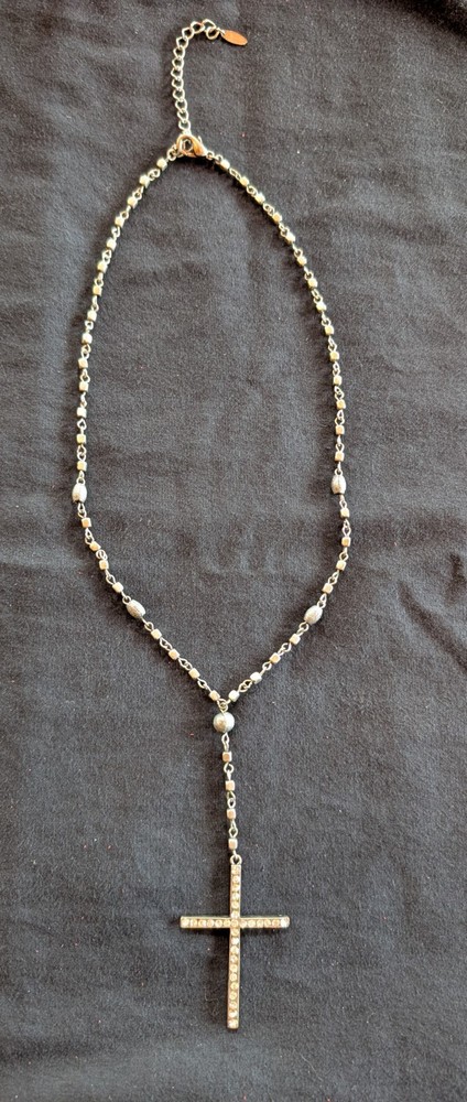 Women’s Vintage VCLM Silver Tone Beaded Cross Necklace