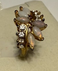 Vintage Gold Tone Faux Opal & Rhinestone Ring, Size 7