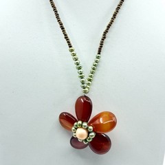 Vintage Brown Orange Flower Pendant Necklace Beaded Boho Statement Retro Y2K 90s