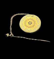 Victorian antique gold tone round brooch pin chain etched enamel flower design