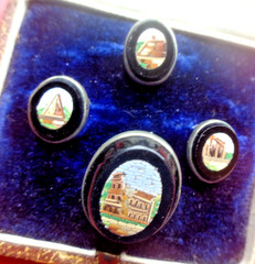 Micro Mosaic Booch & Collar Stud Button Set Italian Victorian Antique c1880s