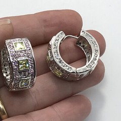 Vintage Silver tone Pink & Peridot Cubic Zirconia Hoop Pierced Earrings