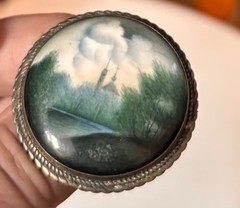 Vintage Russian Hand Painted Finift Enamel Landscape Miniature Brooch 1960-70s