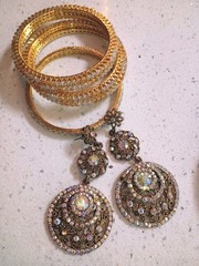 Vintage Juliana D&E Tara Amber Rhinestone Gold Tone Pierce earrings and Bangles