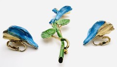 Vintage 1980’s Gold Plated Blue & Yellow Enamel Flower Brooch & Earrings Set